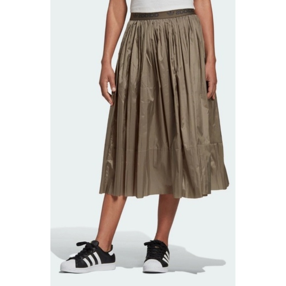 Adidas Womens Pleated Midi A-Line Skirt Olive Logo Band Small Raw Hem Athleisure